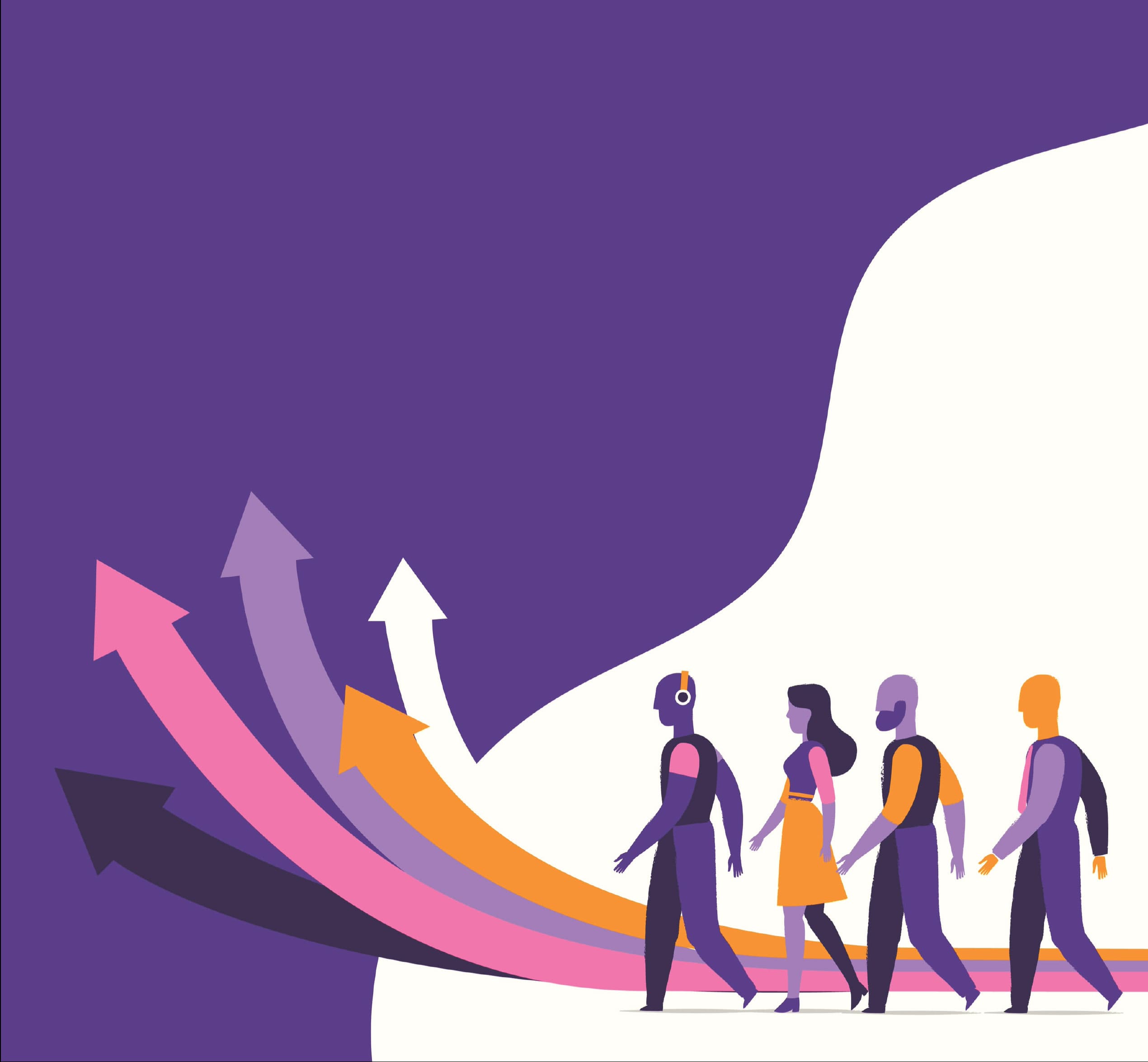 Illustration of diverse people walking forward with colorful arrows
